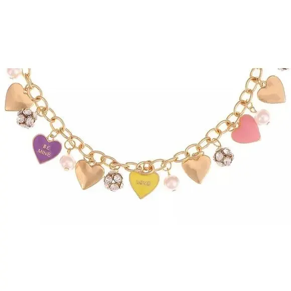 Gold Tone Heart Charm Necklace Crystal Faux Pearl Trendy Fashion Chic Style NWT - Picture 7 of 8